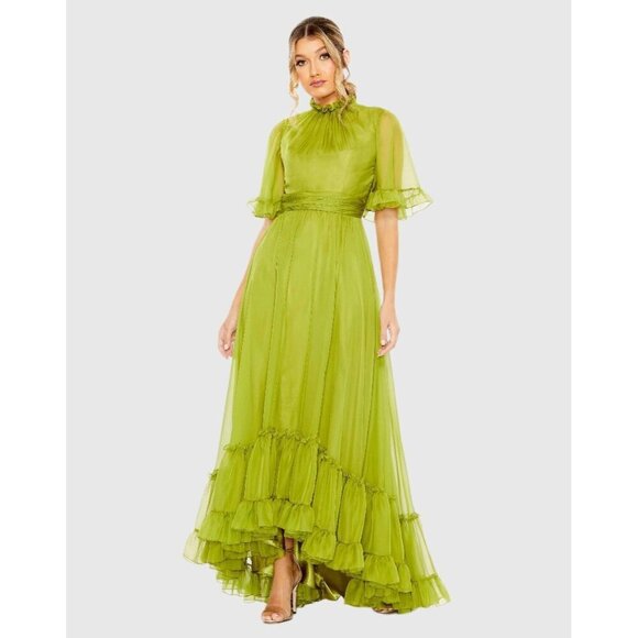 Mac Duggal Size 4 Green 68229 Ruffled Flutter Sleeve Tiered Long Gown Dress $498 - Picture 1 of 10